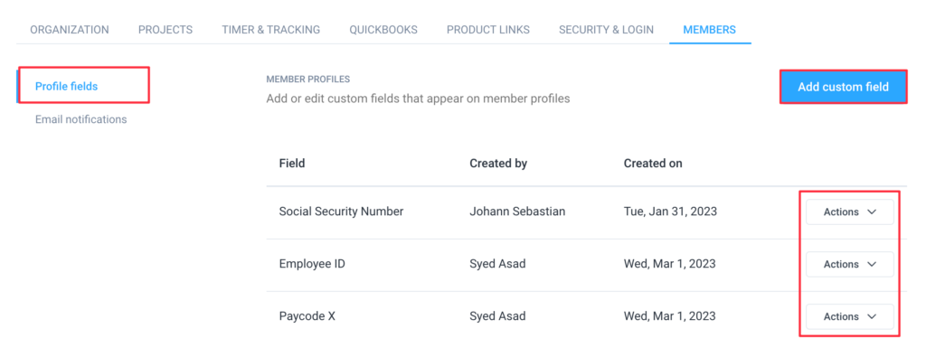 settings members profile fields