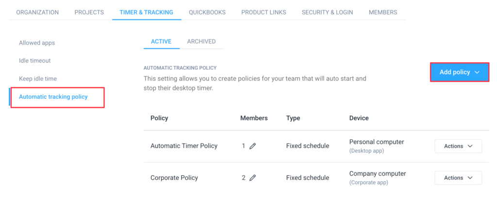 settings timer automatic tracking policy