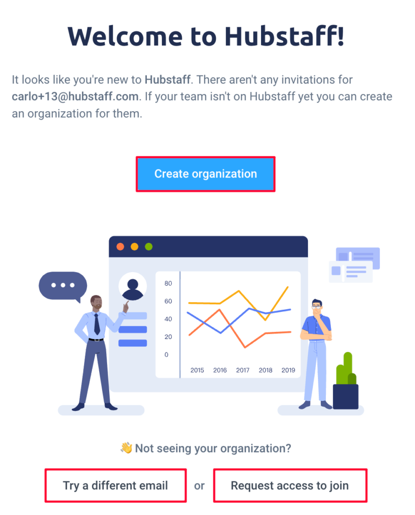welcome wizard create organization try different email request access to join