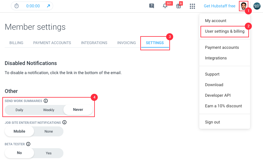 user settings work summaries