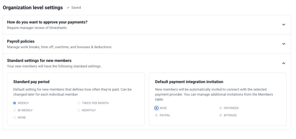 Choose a pay period and a default payment method