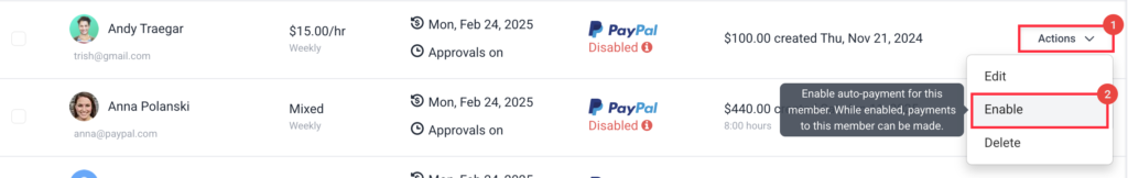 payroll actions enable user