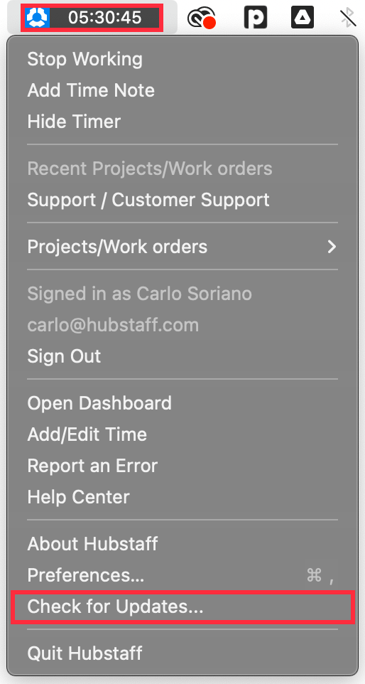 mac desktop app taskbar check for updates