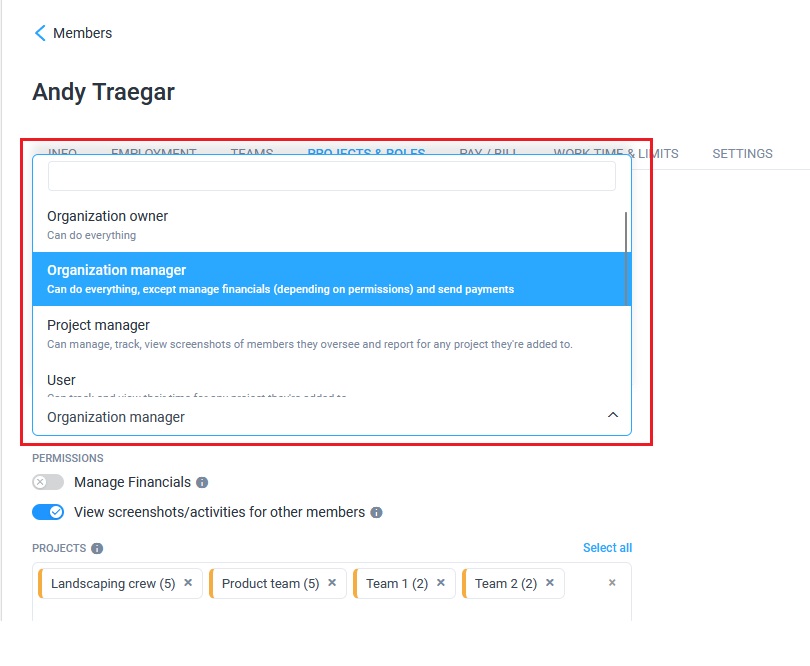 How to change Organization and Project roles Hubstaff Support