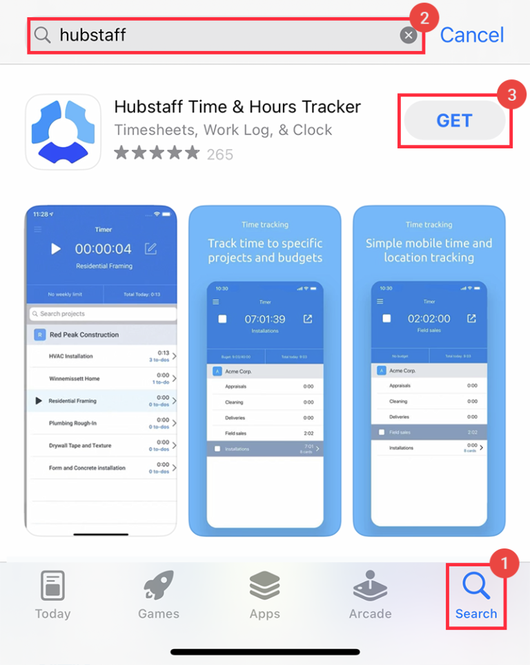 How do I install Hubstaff time tracking on my iOS device?