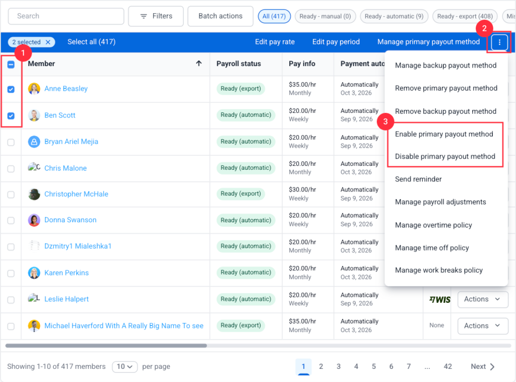 Enable or disable primary payout methods