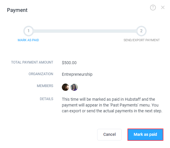 Financials Send Payments One Time Payment Mark as Paid