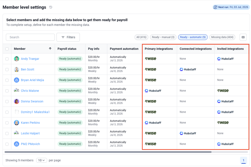 Payment integration columns showing on Members table