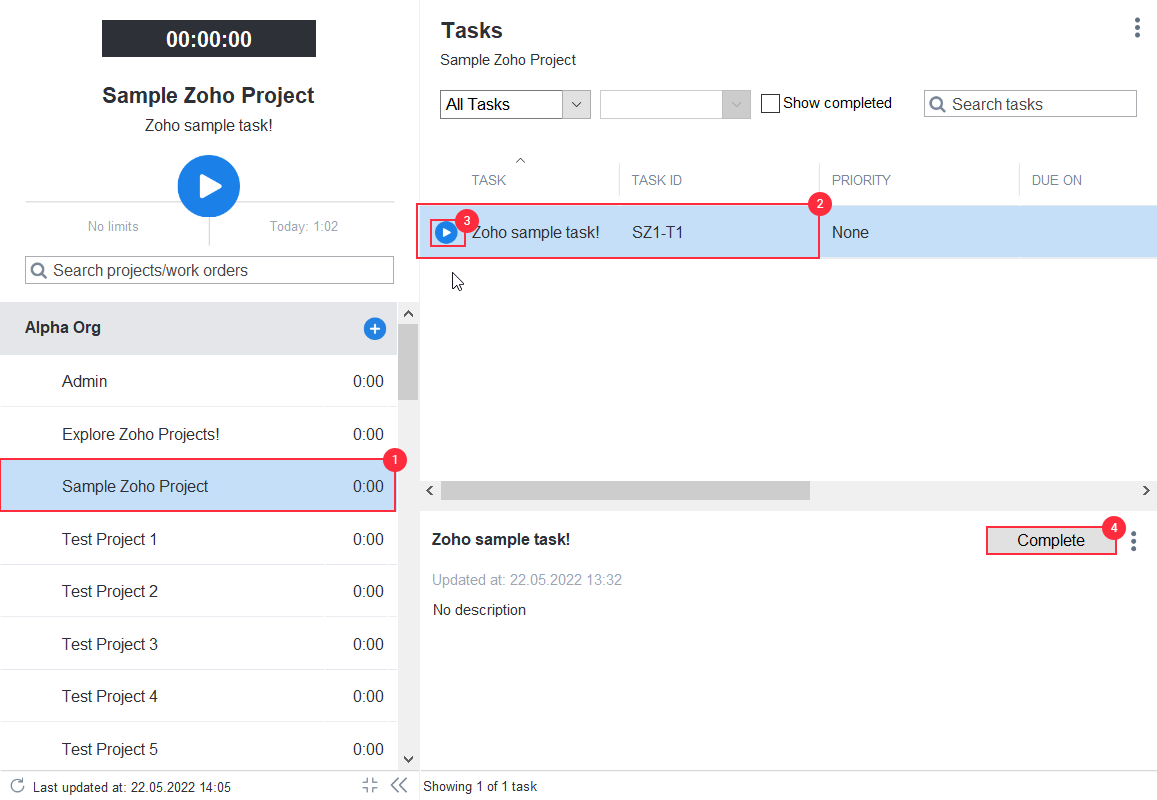 Hubstaff Zoho Integration - To track time, select a project and task