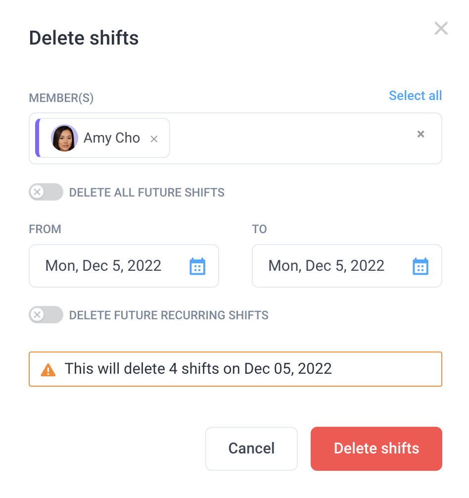 schedules delete shifts dialog