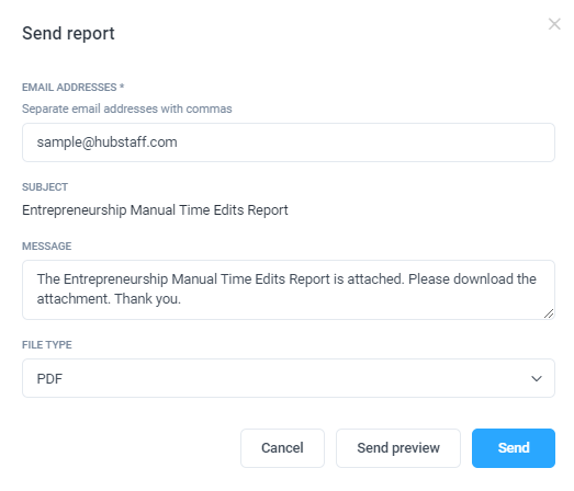 Manual time edit report Send report