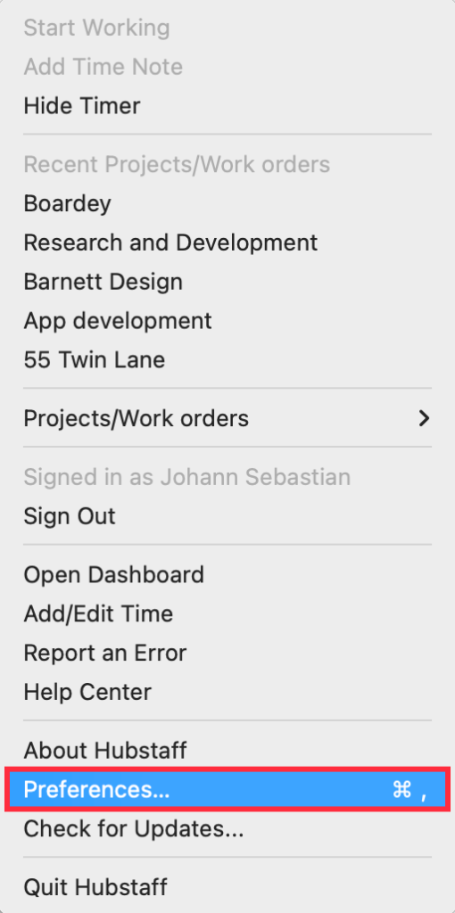 hubstaff desktop menu preferences