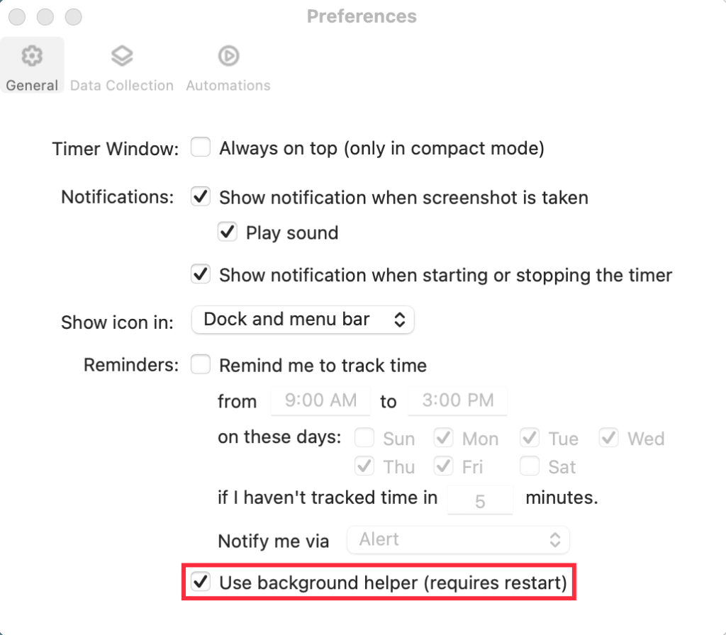 hubstaff desktop menu preferences background helper