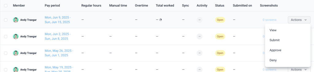 timesheet actions