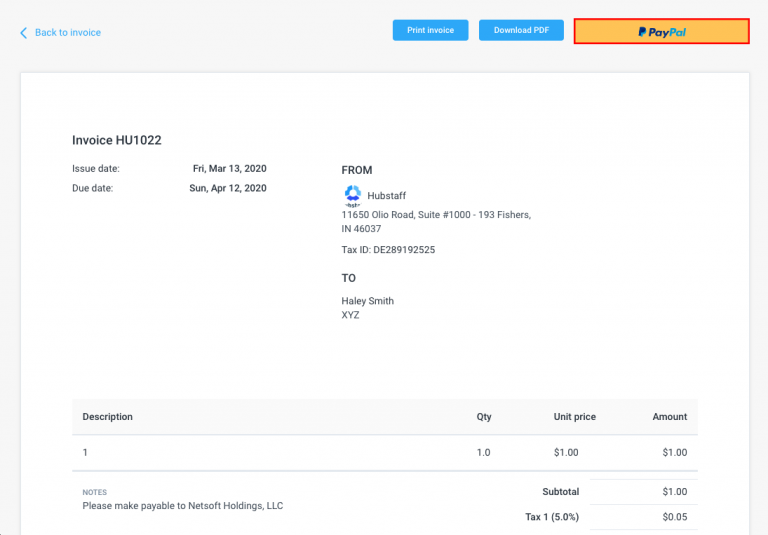 Client invoices PayPal payment Hubstaff Support