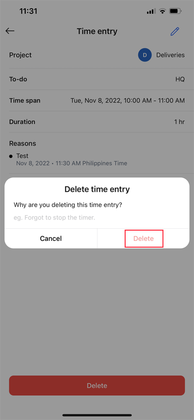 Confirm Delete Time Entry
