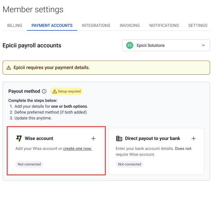 Page where you can choose your Wise payout method