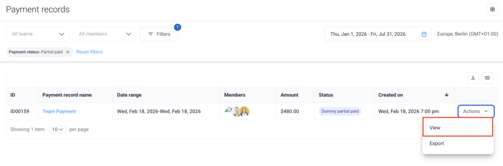 Partial paid payment > Actions > View