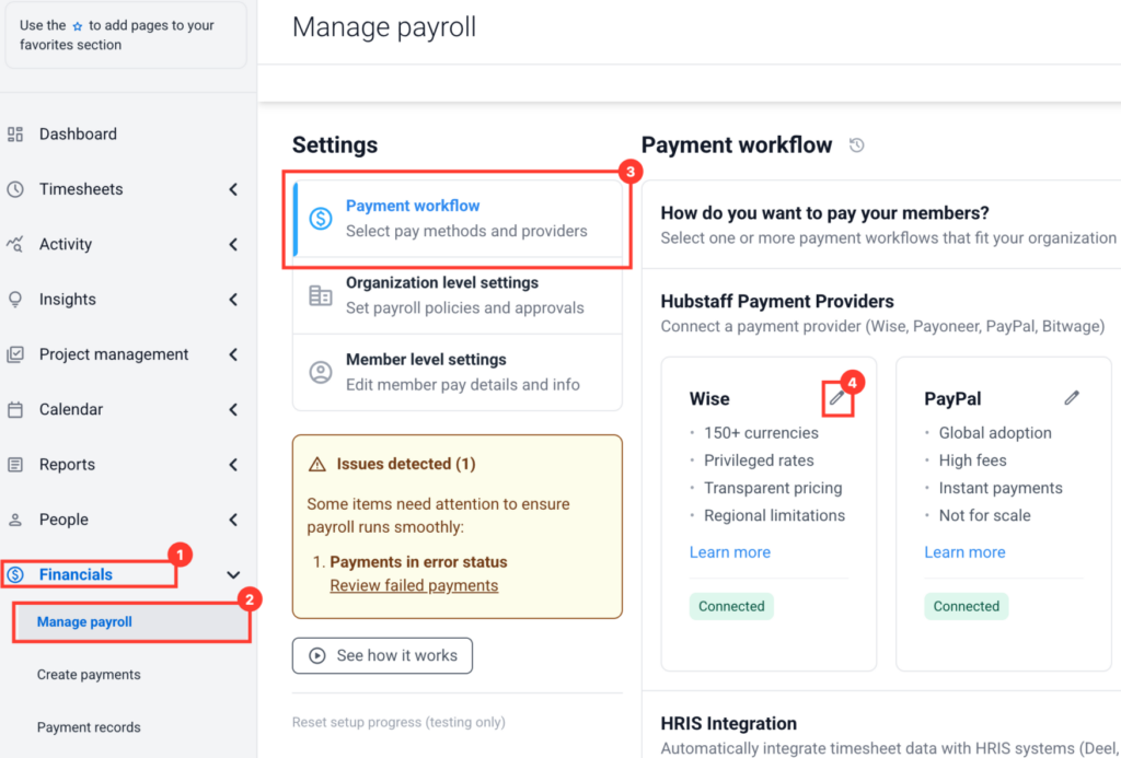 Set up who pays Wise Fee - Edit wise integration under Manage Payroll 