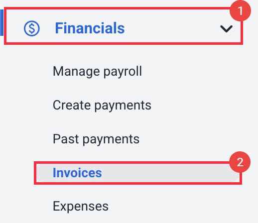 menu financials invoices