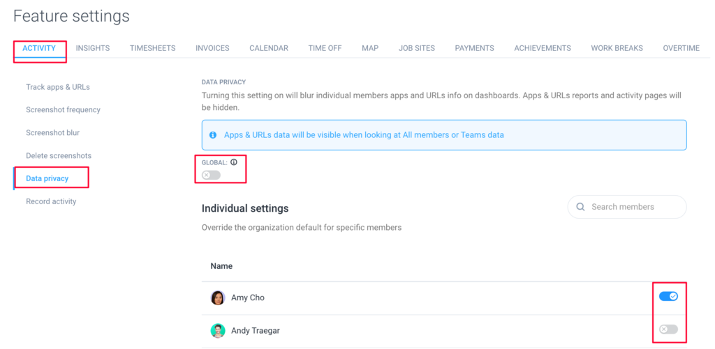 settings features activity data privacy