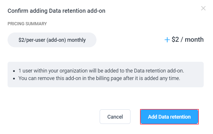 Hubstaff Data retention addon - Enable and confirm dialog