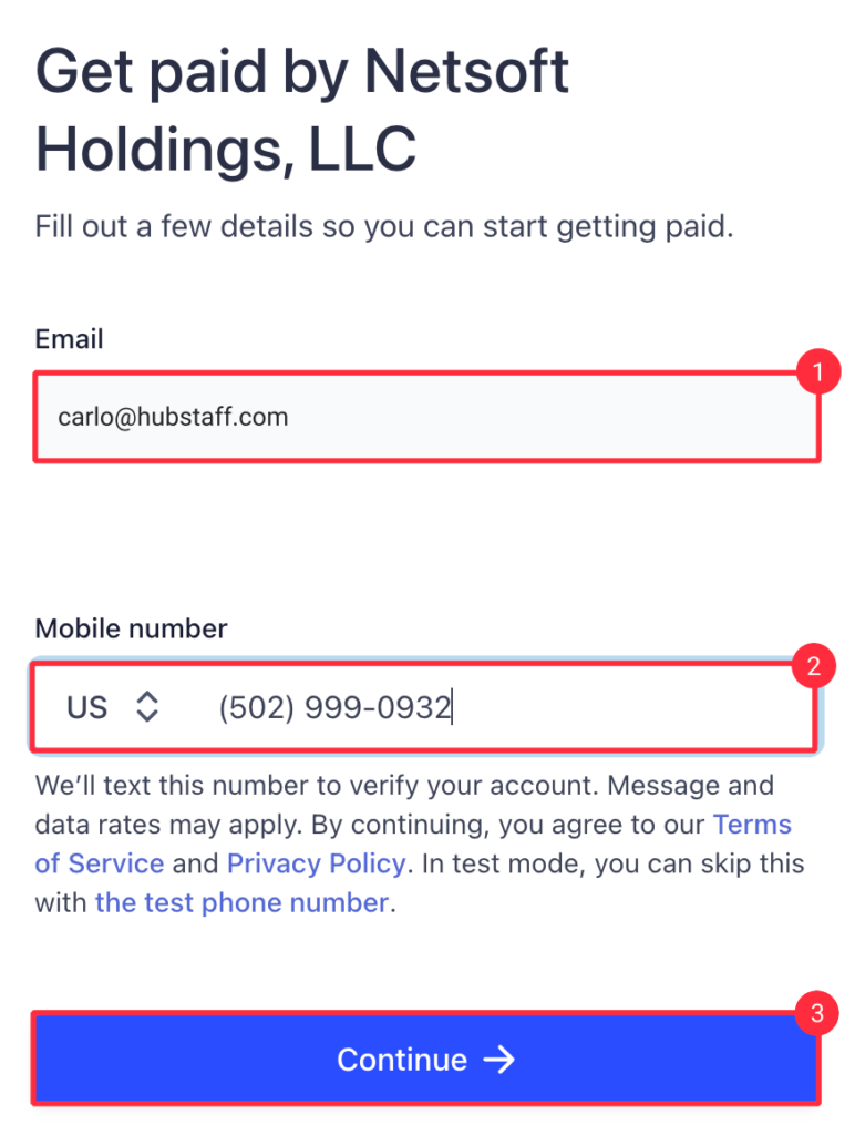 hubstaff pay setup email mobile continue