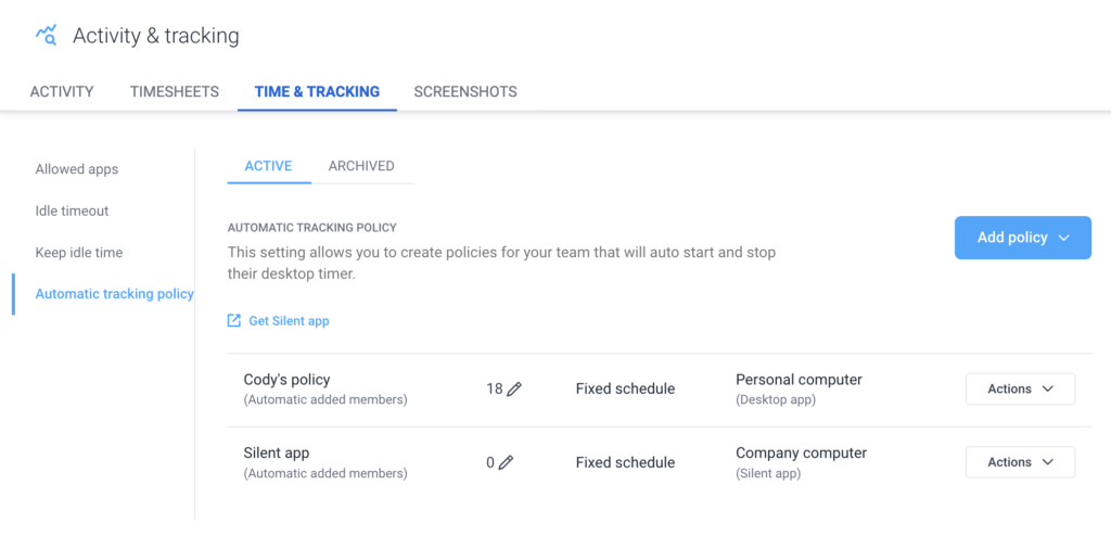 automatic tracking policy sample