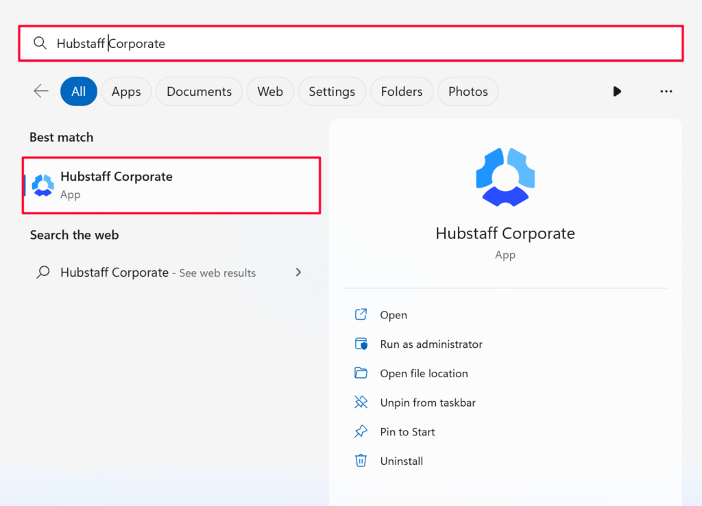hubstaff corporate search start menu windows