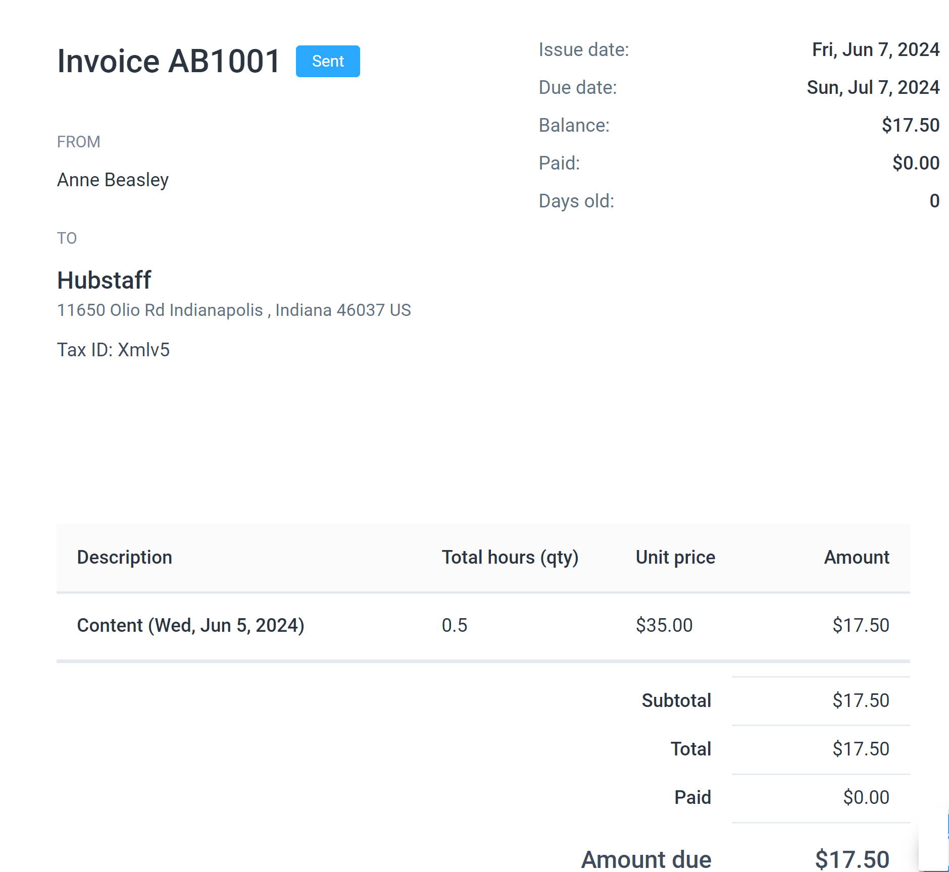 team invoice sample