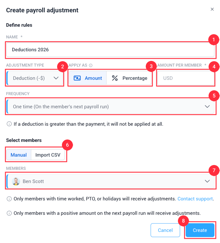Create payroll adjustment modal