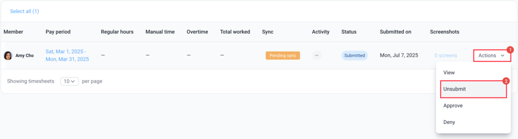 actions unsubmit timesheet approvals