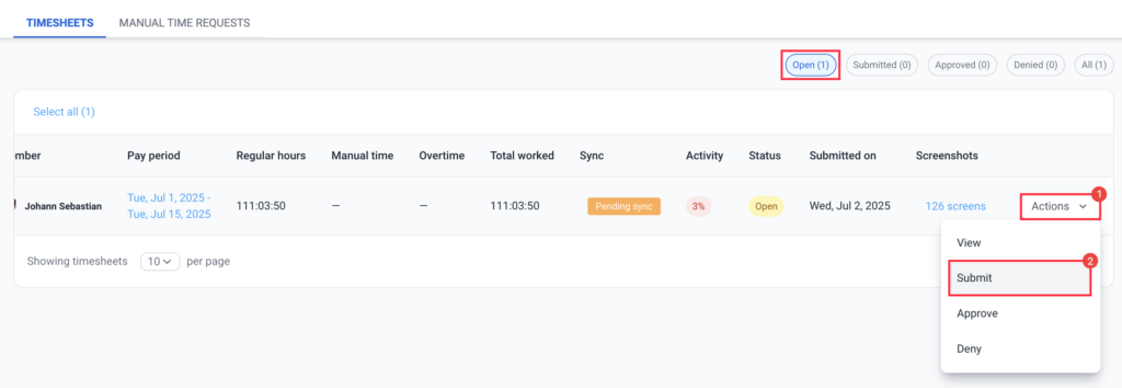 open timesheets actions submit