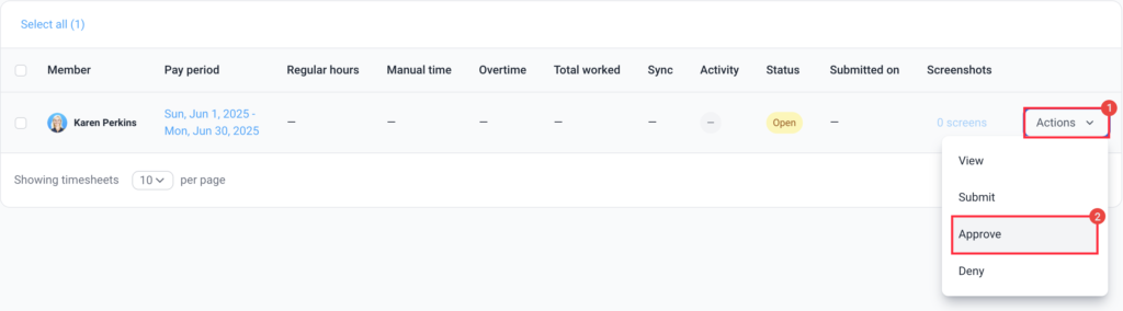 timesheet actions approve