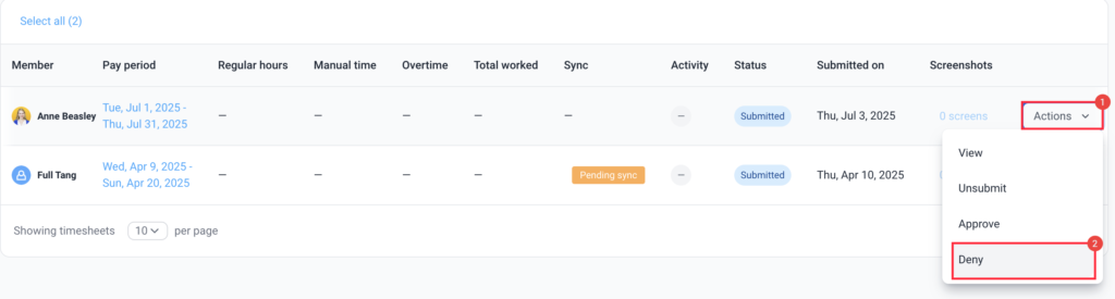 timesheets actions deny