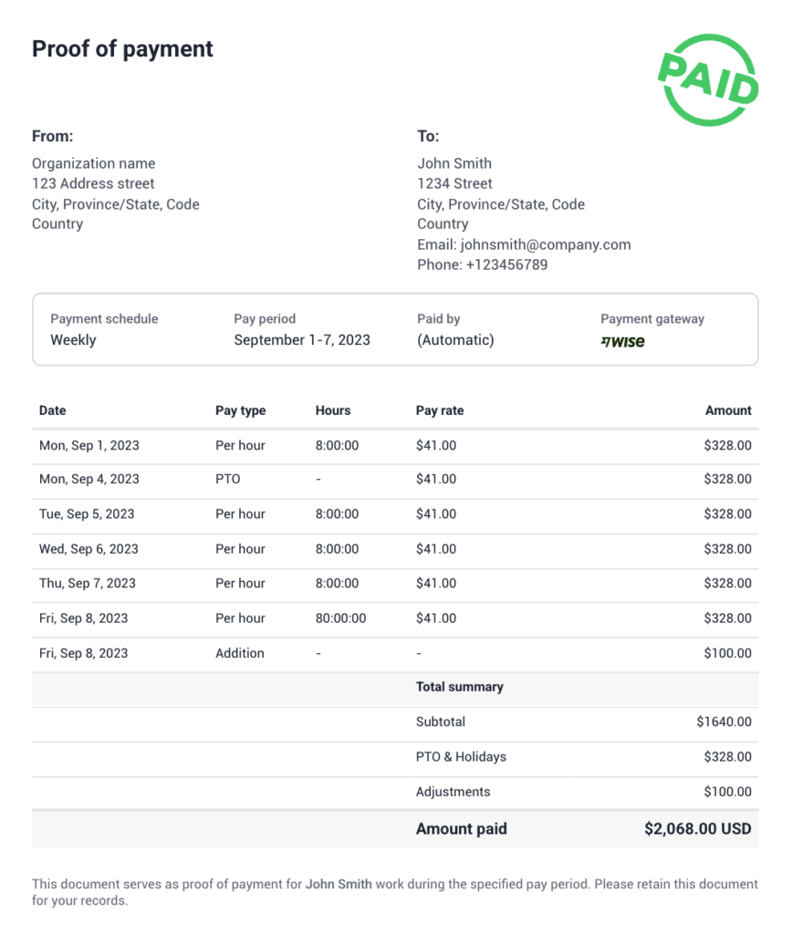 Example of Proof of Payment