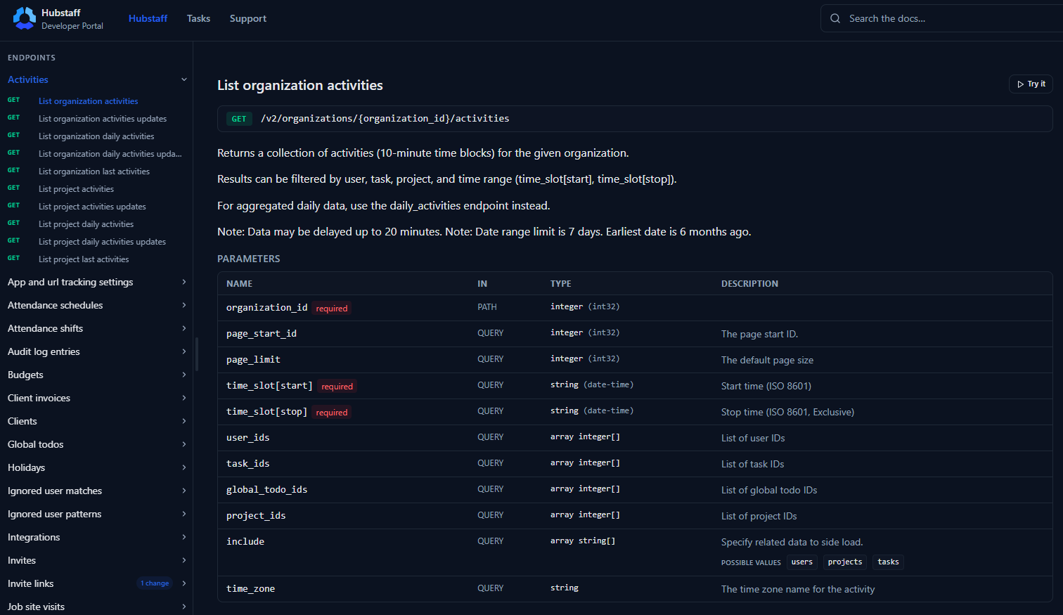 Activities endpoint documentation in the Hubstaff Developer Portal