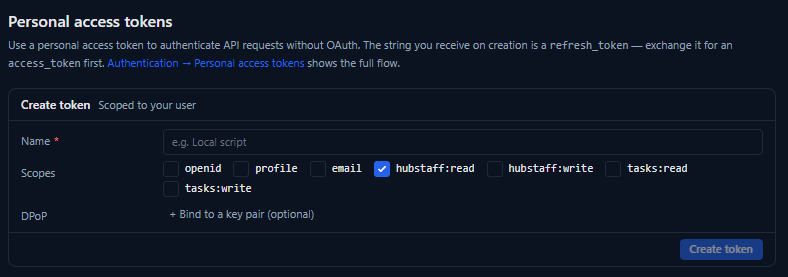 Personal access token creation form in the Hubstaff Developer Portal