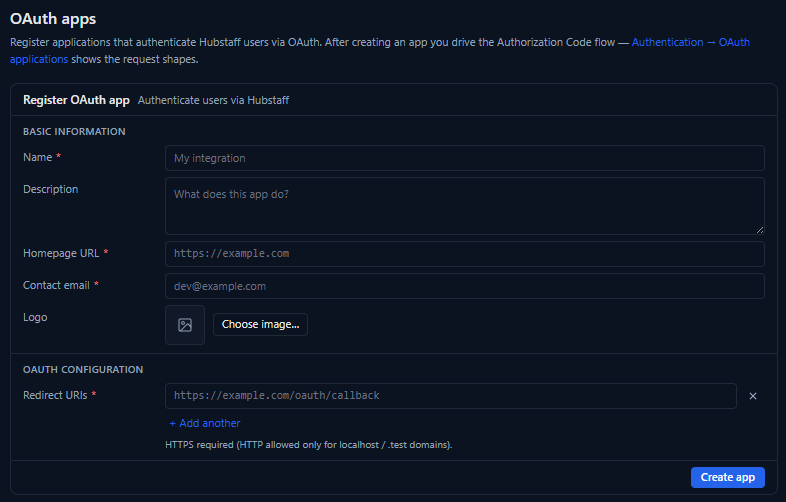 OAuth app registration form in the Hubstaff Developer Portal