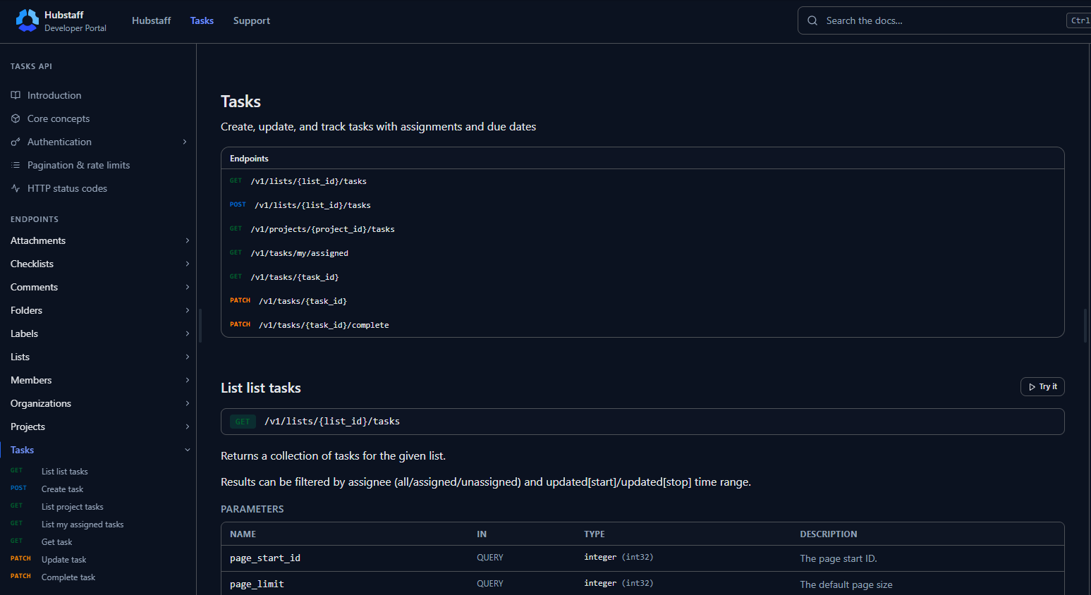 Hubstaff Tasks API documentation showing getting started information and available endpoint groups