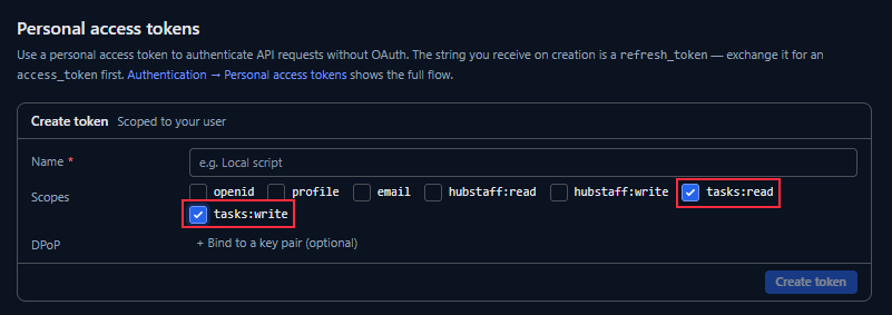 Personal access token form showing the tasks read and tasks write scopes