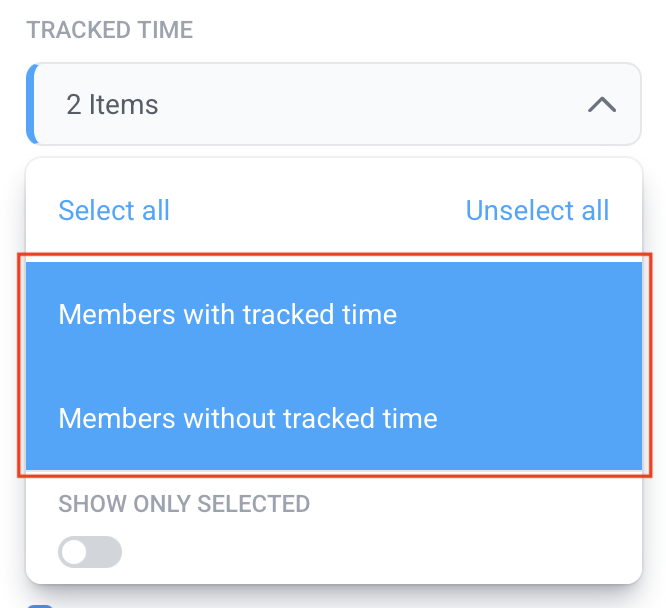 Time and Activity report Tracked time filter