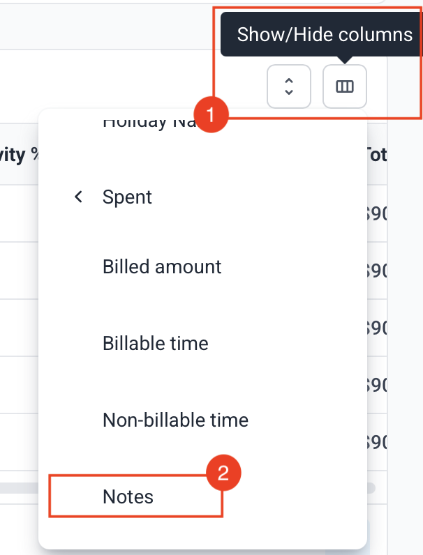 Time and Activity report Column list